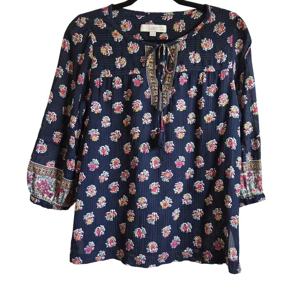 Boho Cottage LOFT Navy Fuchsia Floral Gauze Blouse Tassel Tie 3/4 Sleeve Top MP